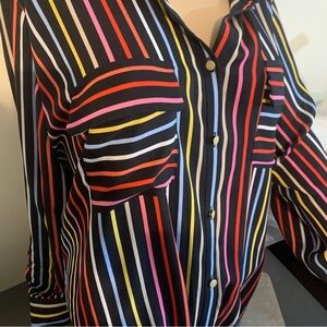 Investments Waist-Tie Blouse!Bright Pinstripes Against Slenderizing Black! EUC!!